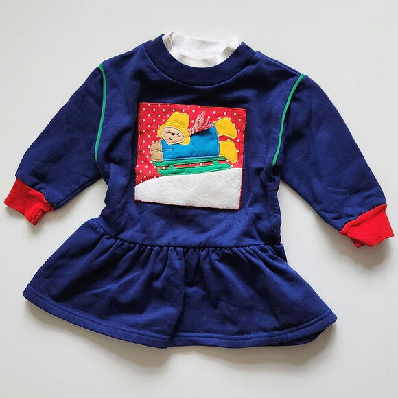 Vintage 90s Paddington Bear Girls Sweatshirt Dress Winter Sledding Blue Size 3T - Picture 3 of 9